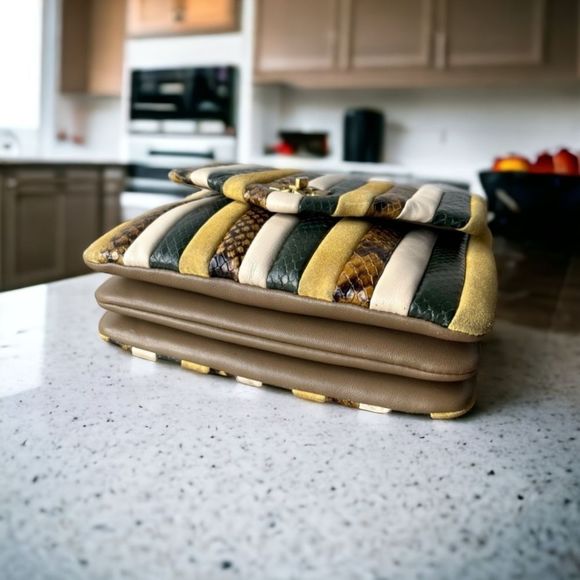 Tory Burch Striped Yellow Green Cream Snakeskin Chain Crossbody Bag - Picture 8 of 16